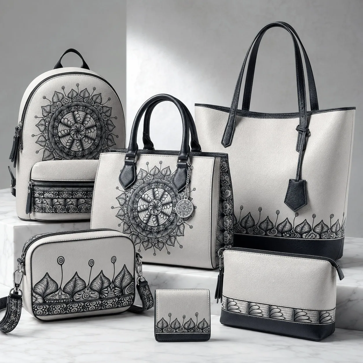 Leather goods and bags featuring the Mesmerize design system.