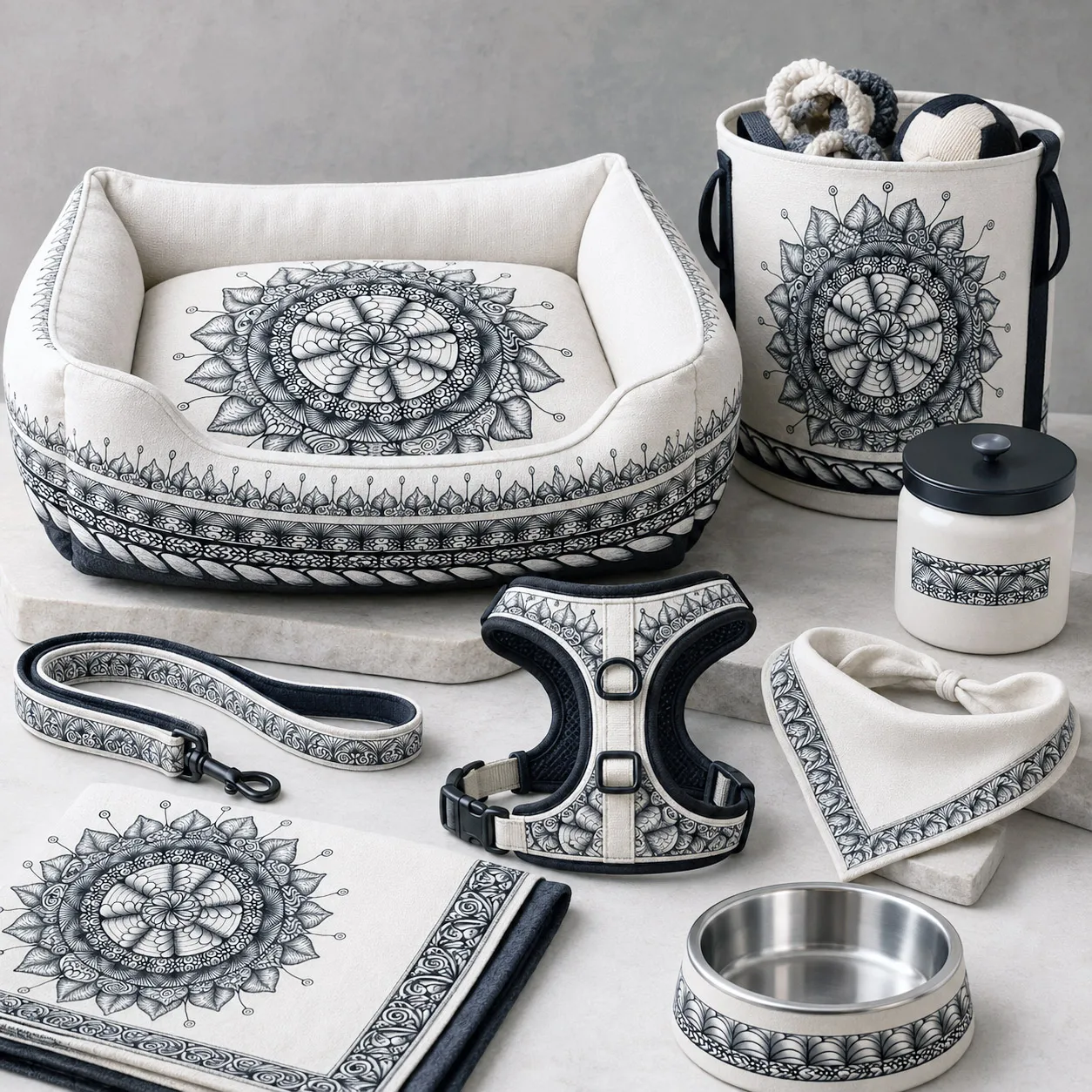Pet accessories featuring the Mesmerize design system.