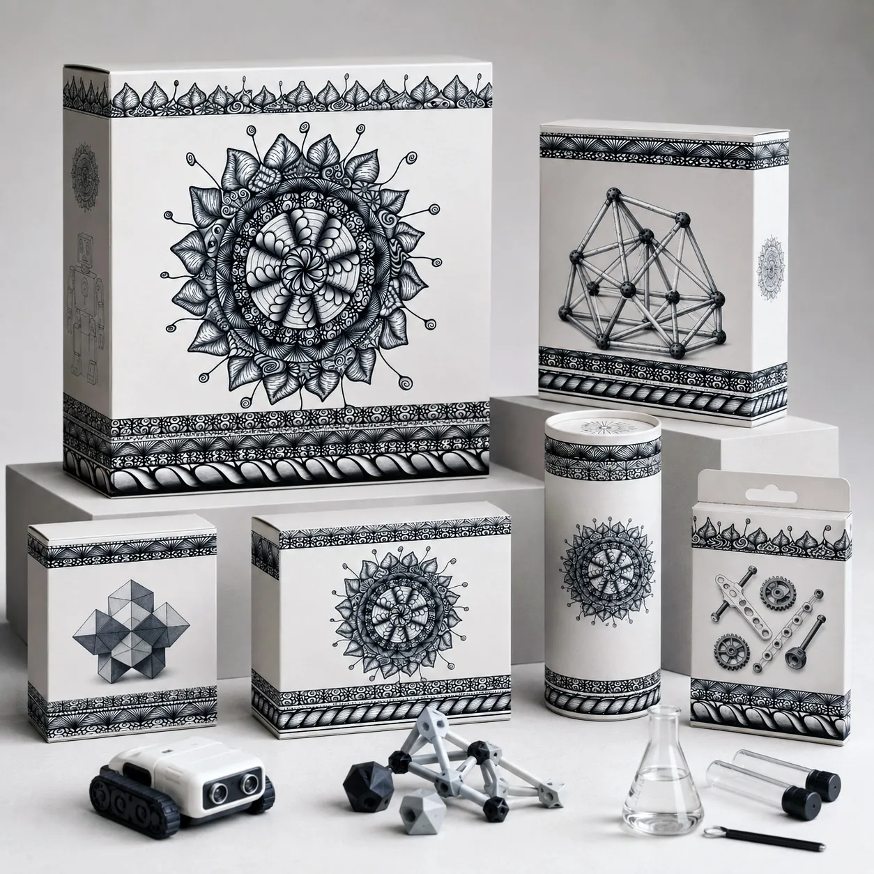 STEM and toy packaging featuring the Mesmerize design system.