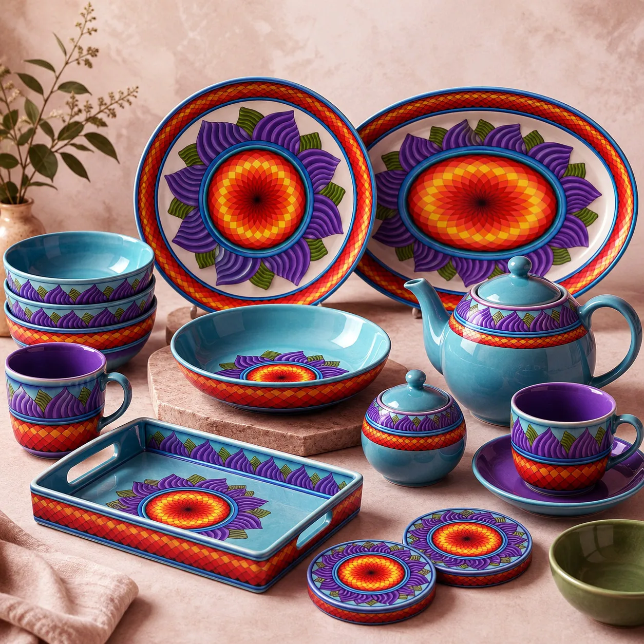 Ceramic tableware featuring the High Life design system.