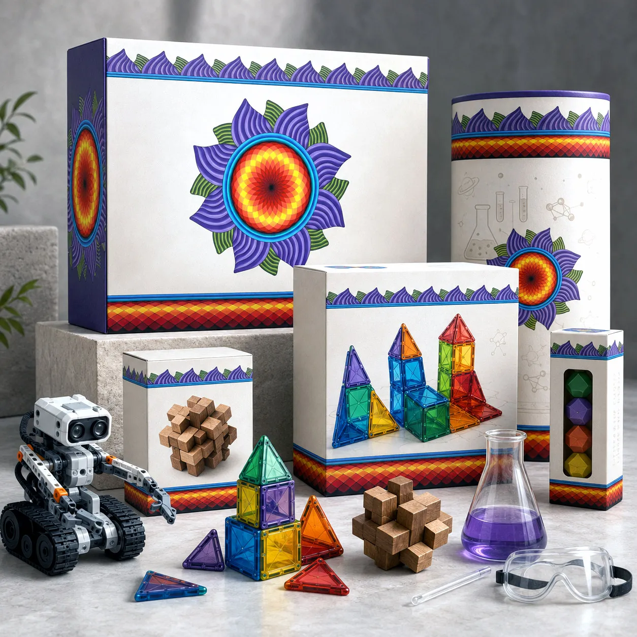 STEM and toy packaging featuring the High Life design system.
