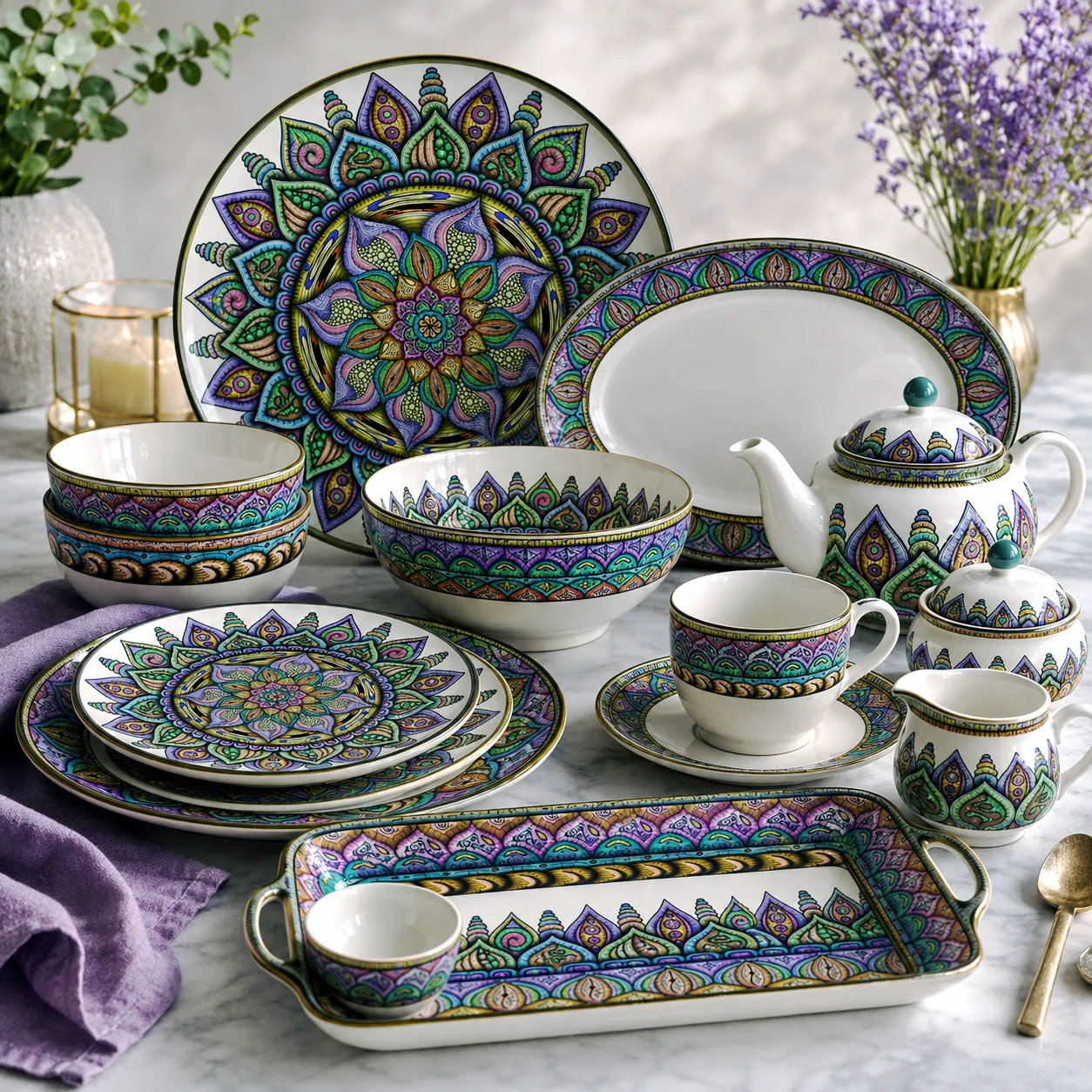 Ceramic tableware featuring the Fruitful design system.