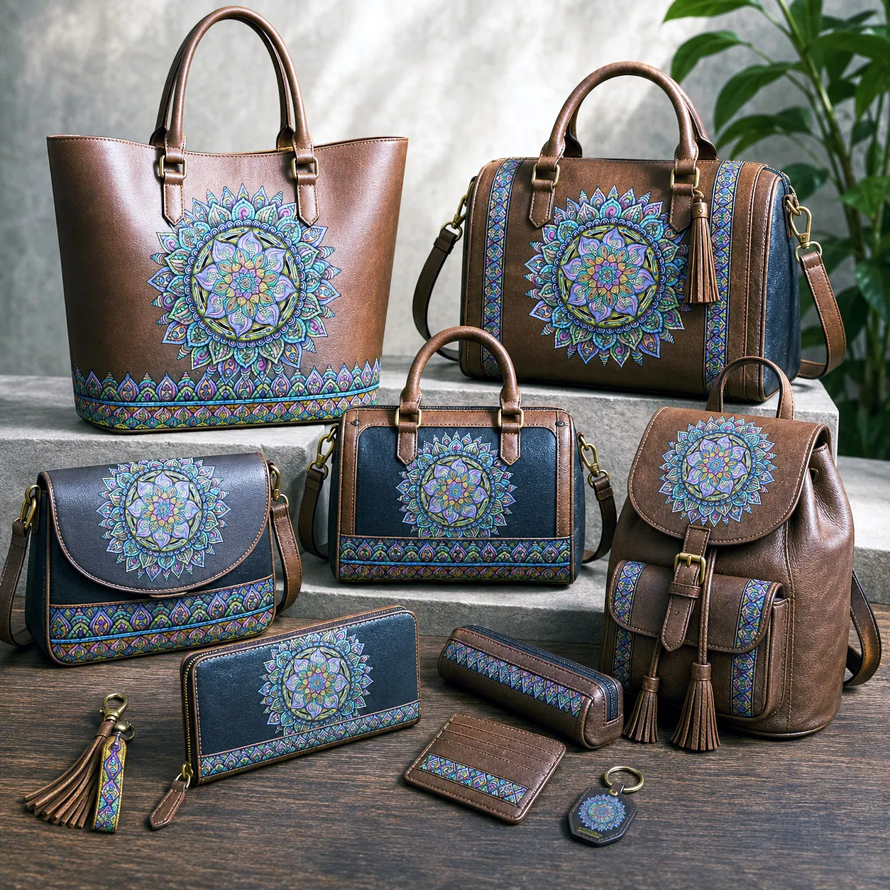 Leather goods and bags featuring the Fruitful design system.