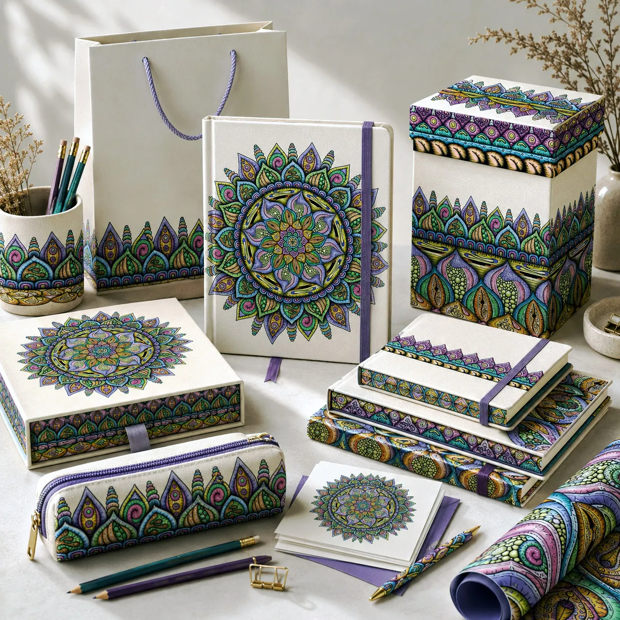 Stationery and gift packaging featuring the Fruitful design system.