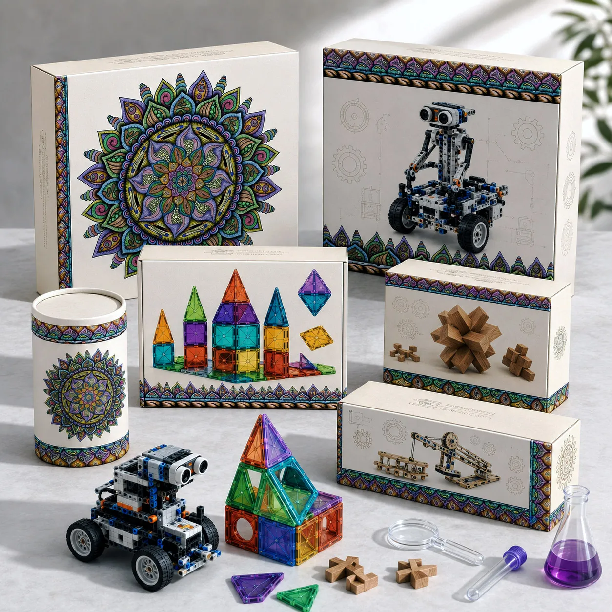 STEM and toy packaging featuring the Fruitful design system.