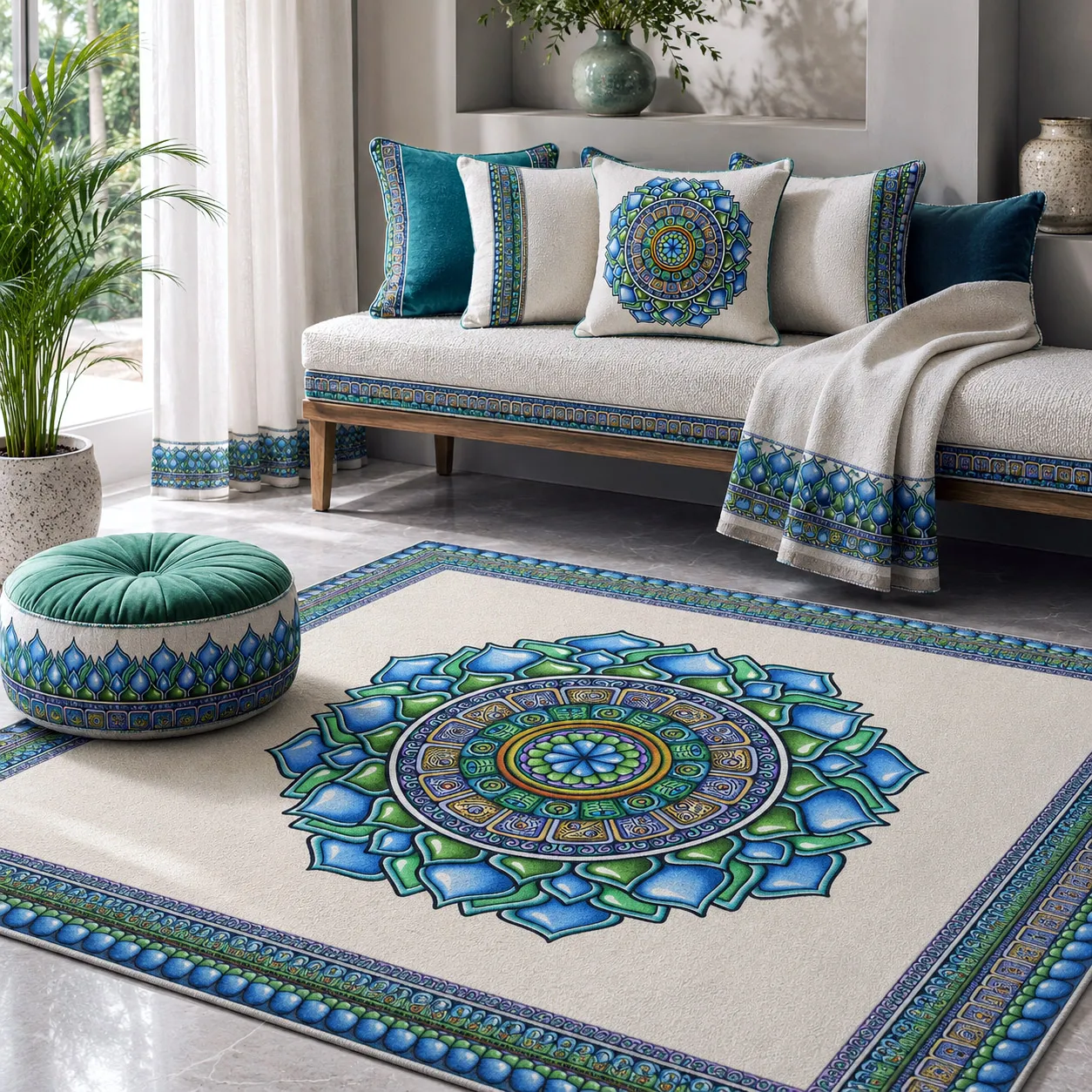 Home decor and textiles featuring the Emerald Dream design system.