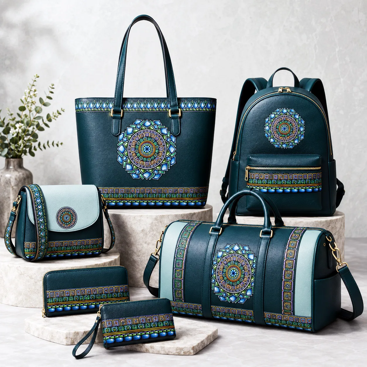 Leather goods and bags featuring the Emerald Dream design system.
