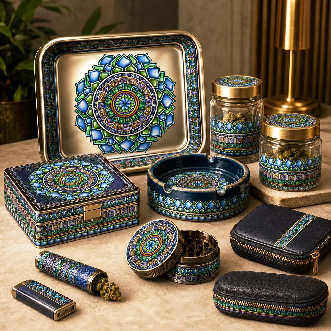 Premium cannabis accessories featuring the Emerald Dream design system.