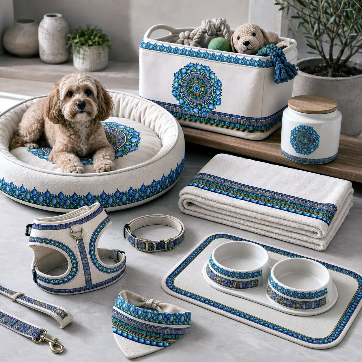 Pet accessories featuring the Emerald Dream design system.