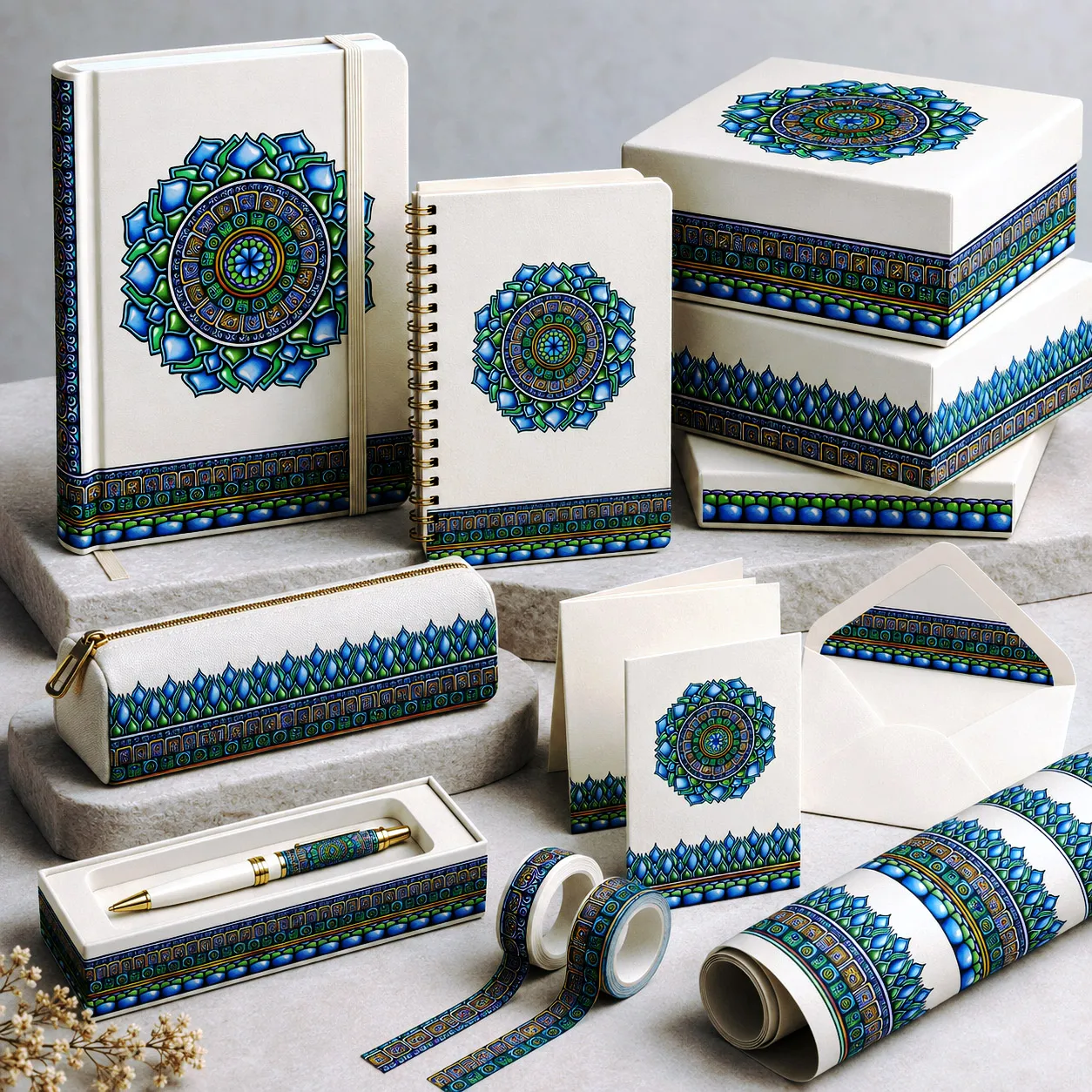 Stationery and premium gift packaging featuring the Emerald Dream design system.