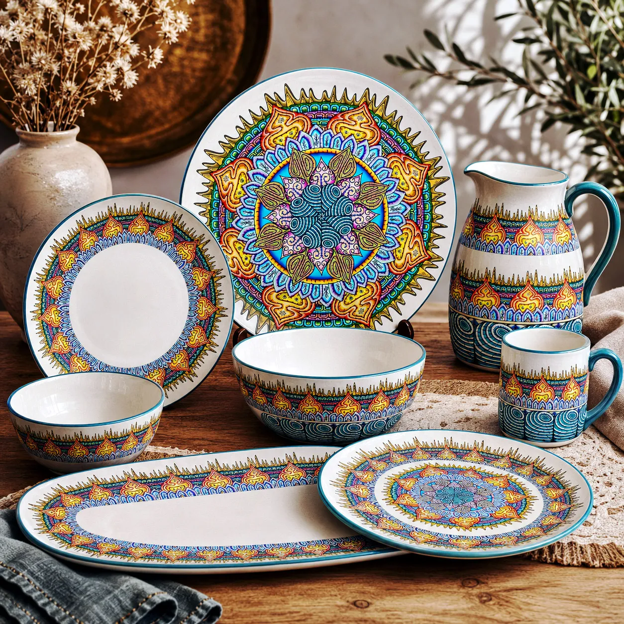 Ceramic tableware featuring the Desert Flame design system.