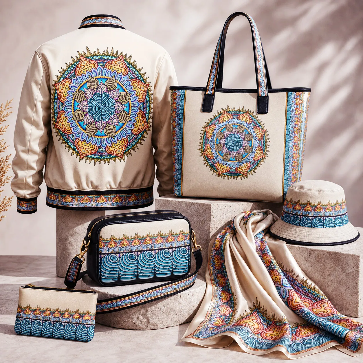 Apparel and accessories featuring the Desert Flame design system.