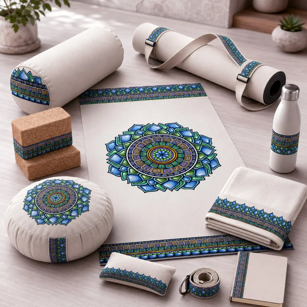 Yoga, meditation, and wellness products featuring the Emerald Dream design system.