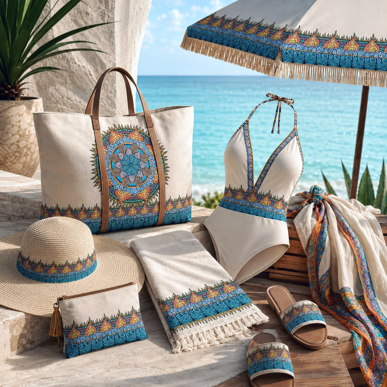 Beach and resort products featuring the Desert Flame design system.
