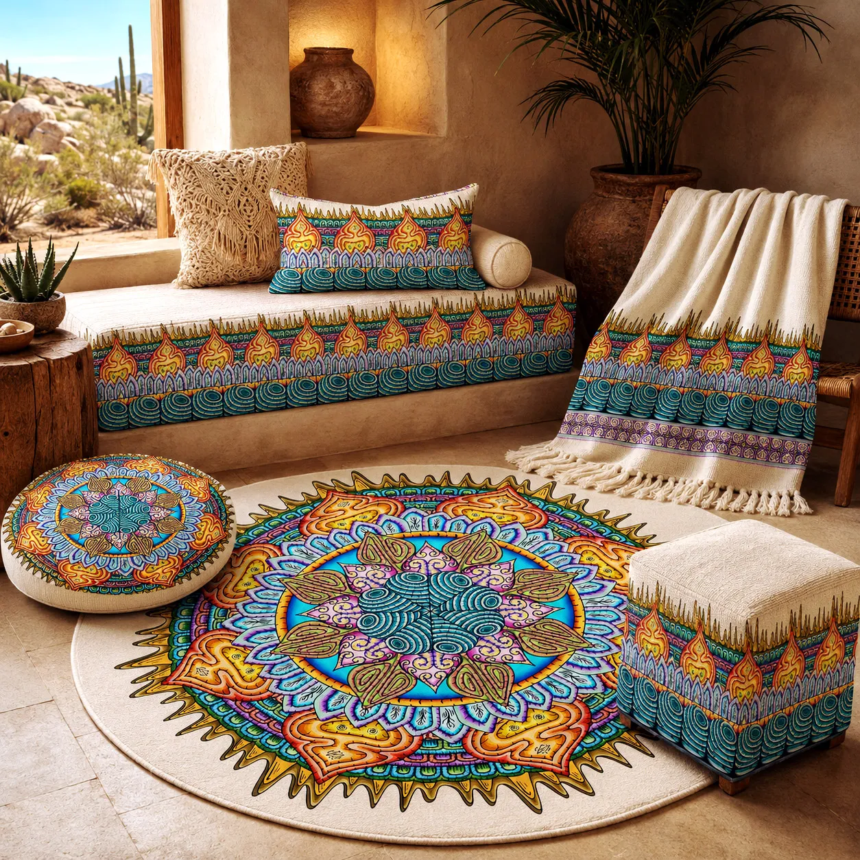 Home textiles featuring the Desert Flame design system.