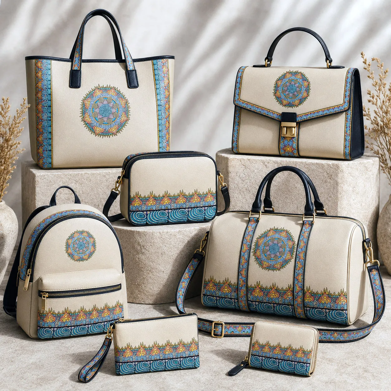 Leather goods and bags featuring the Desert Flame design system.