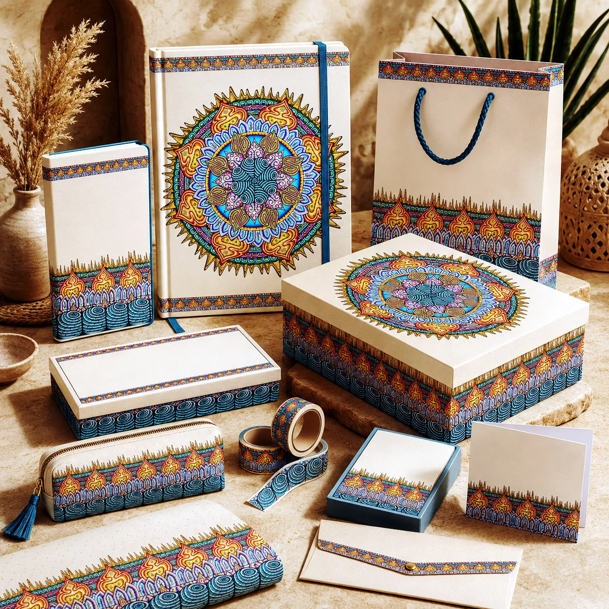 Gift and stationery products featuring the Desert Flame design system.