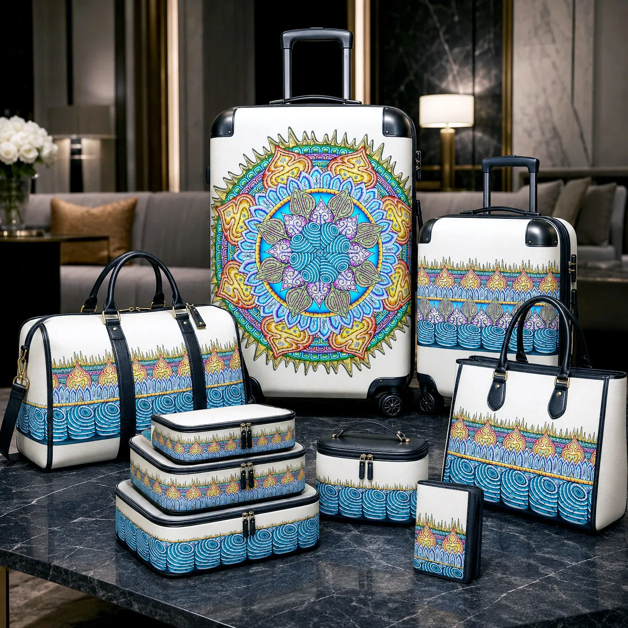 Premium luggage and travel products featuring the Desert Flame design system.