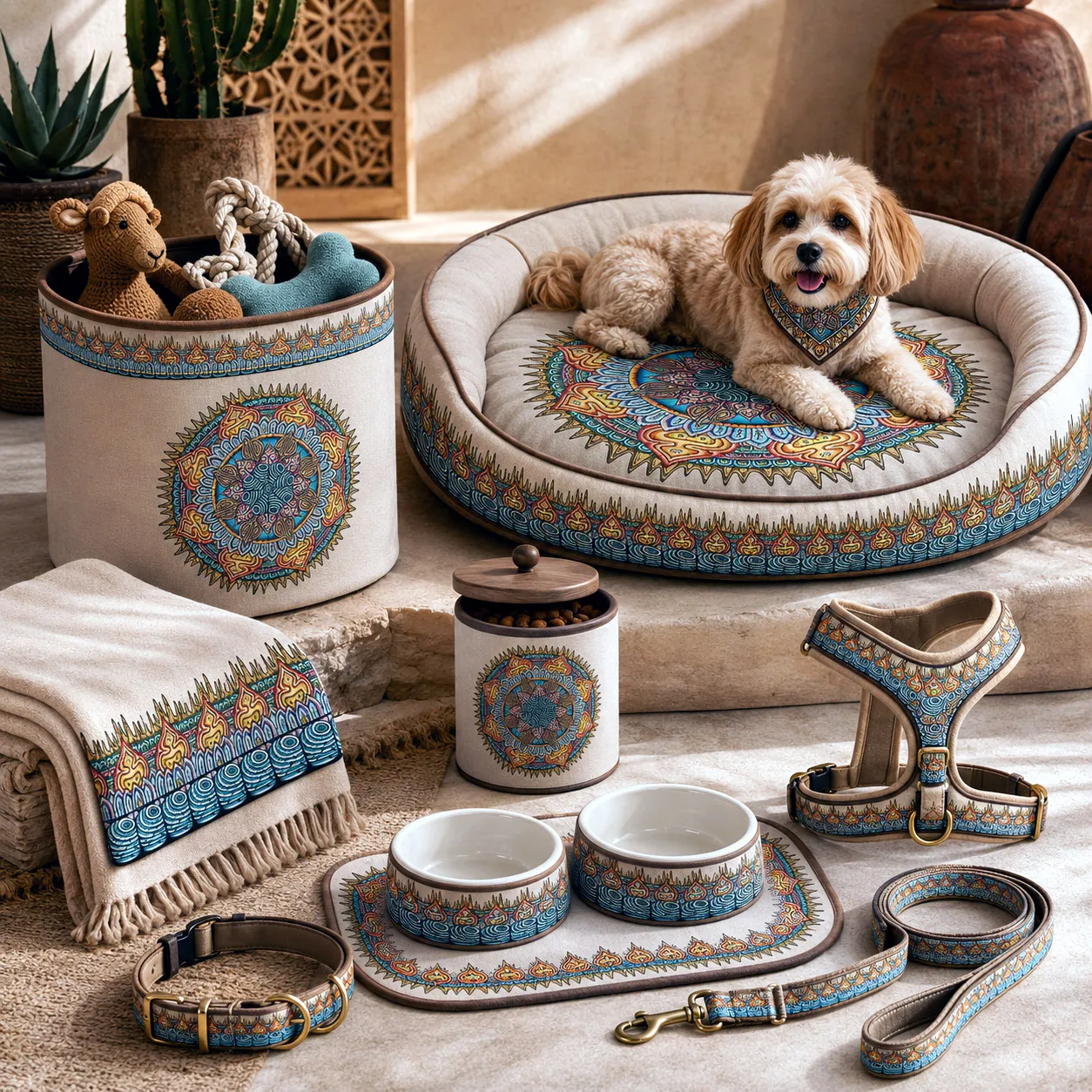 Pet accessories featuring the Desert Flame design system.