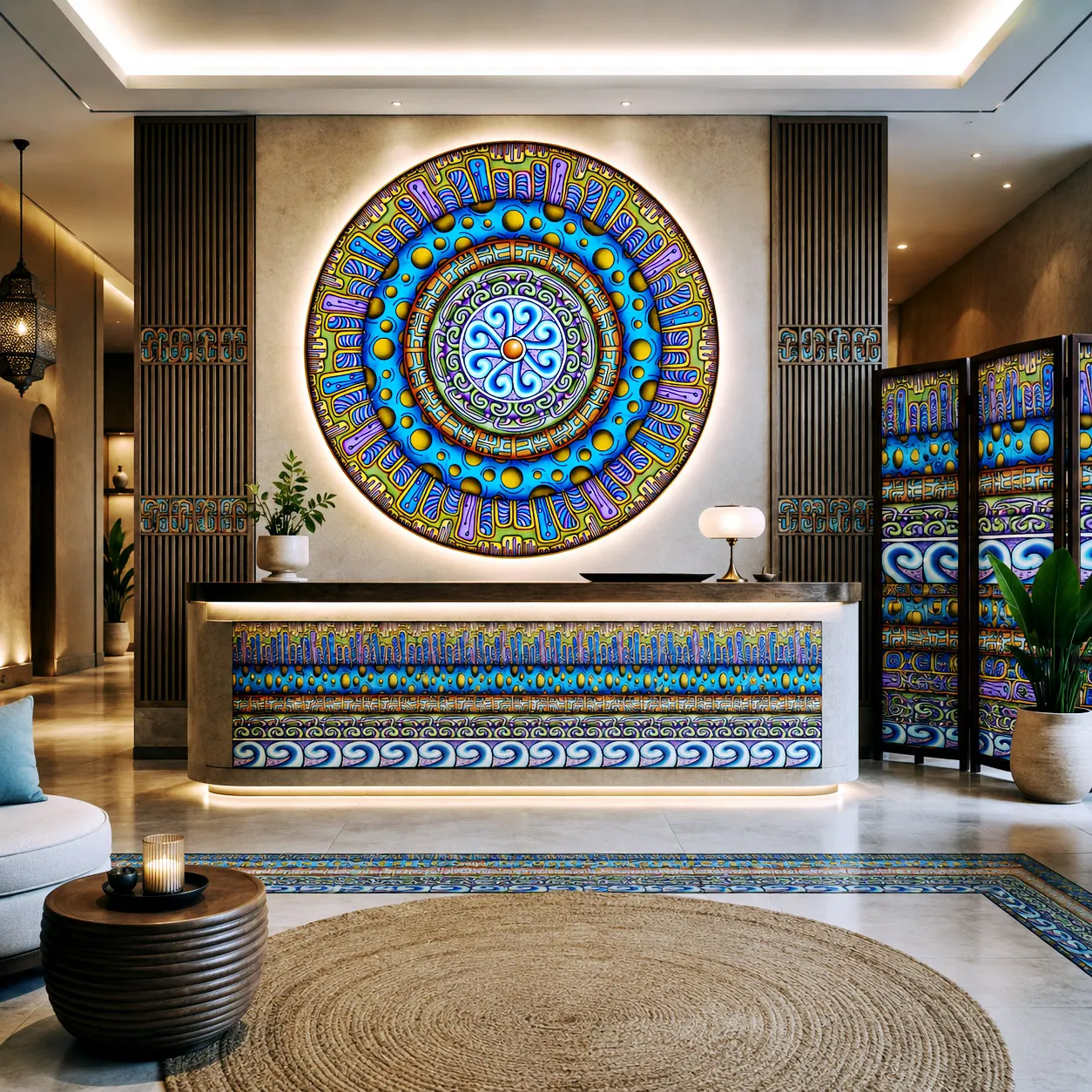 Lobby installation featuring the Blue Dream design system.