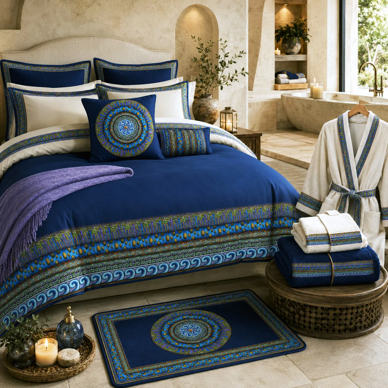 Bed and bath products featuring the Blue Dream design system.