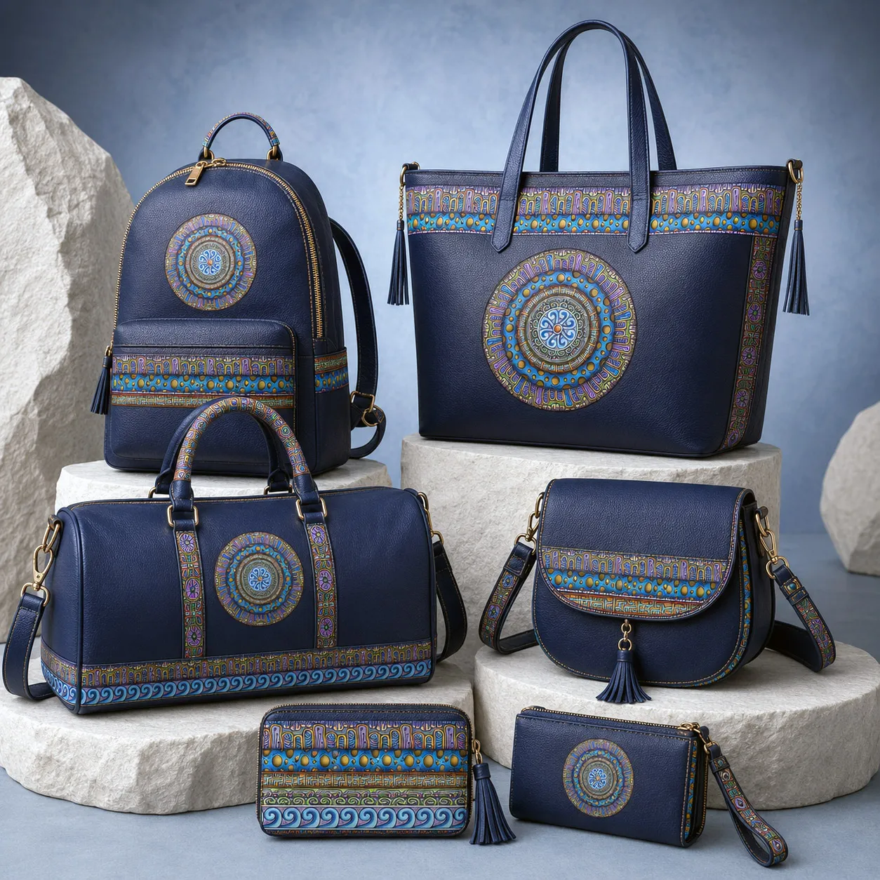 Leather goods and bags featuring the Blue Dream design system.
