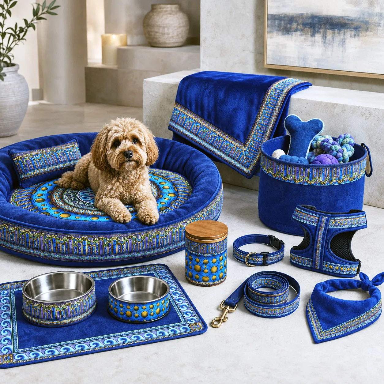 Pet accessories featuring the Blue Dream design system.