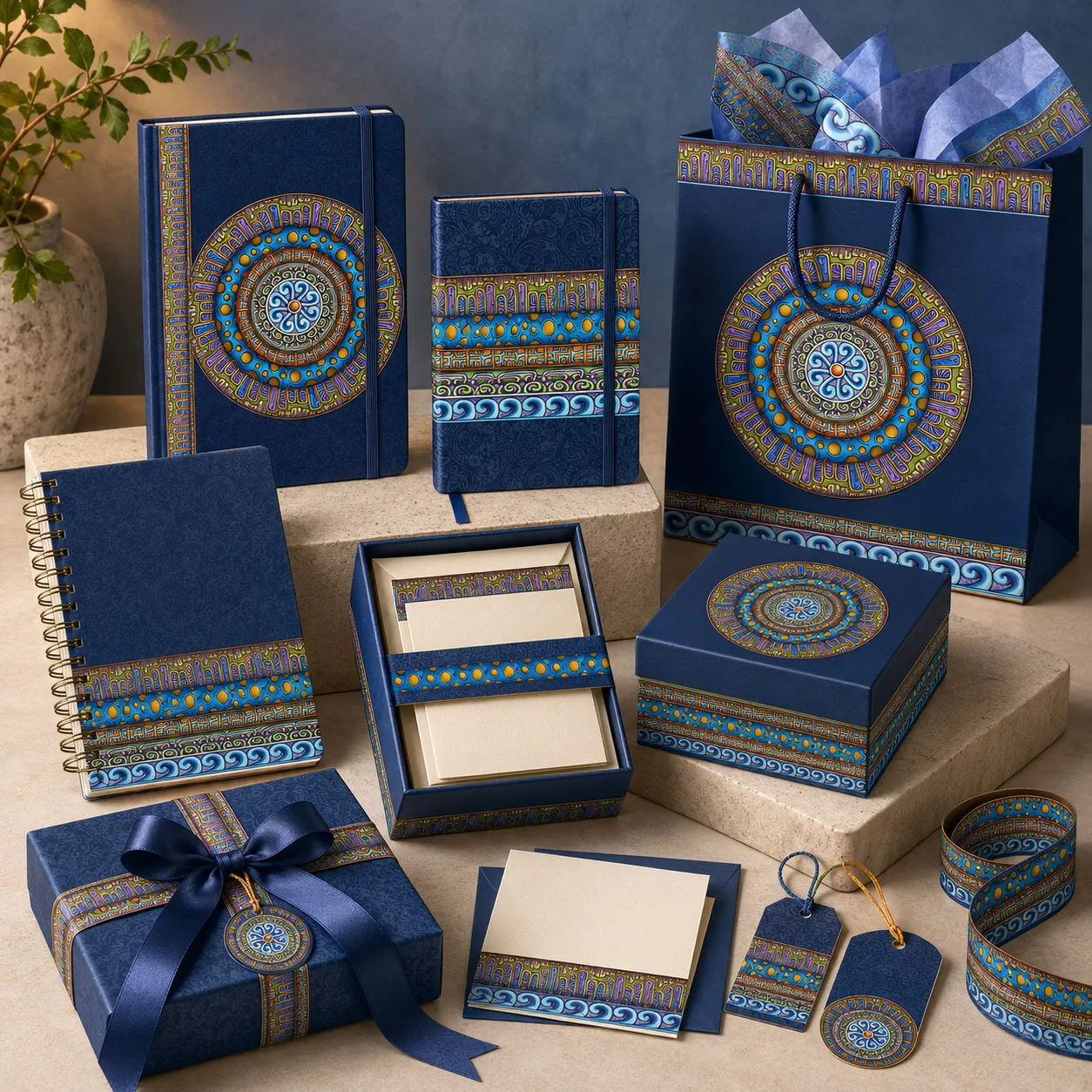 Stationery, journals, and gift packaging featuring the Blue Dream design system.