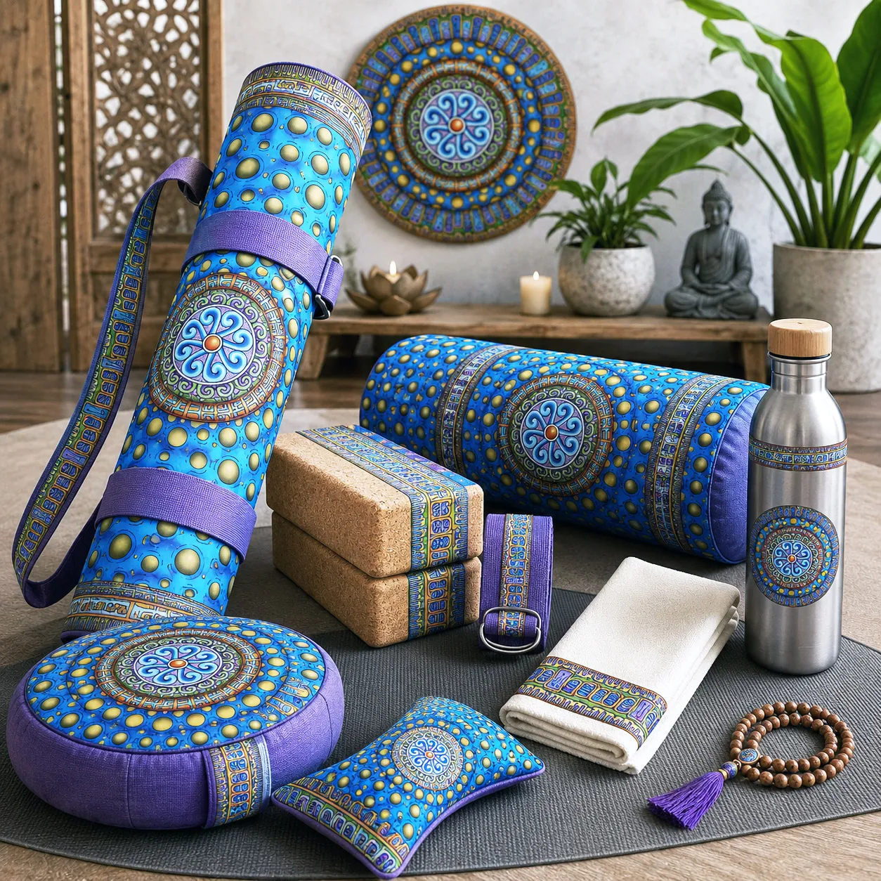 Yoga, meditation, and wellness products featuring the Blue Dream design system.