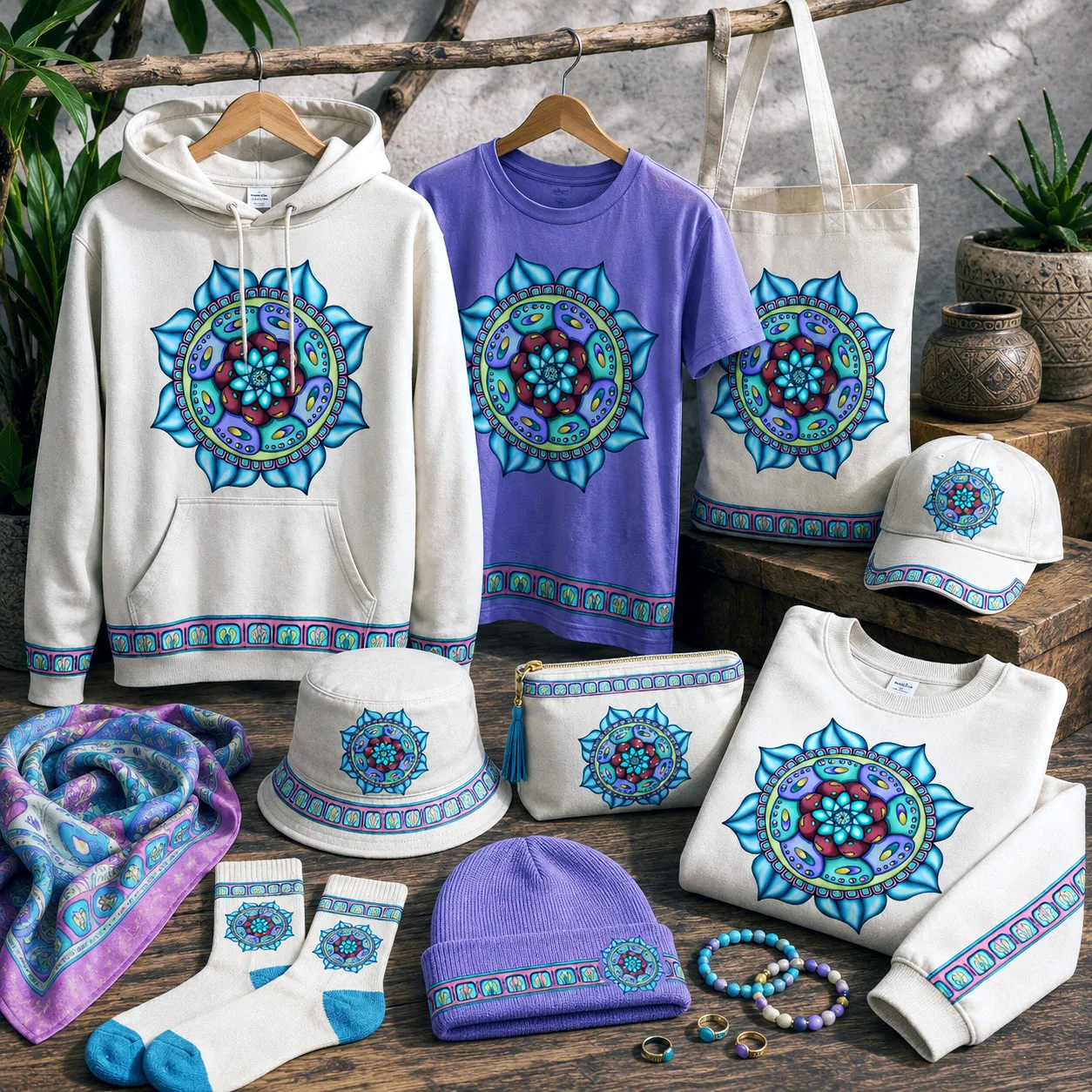 Apparel and accessories featuring the Atom Heart Flower design system.