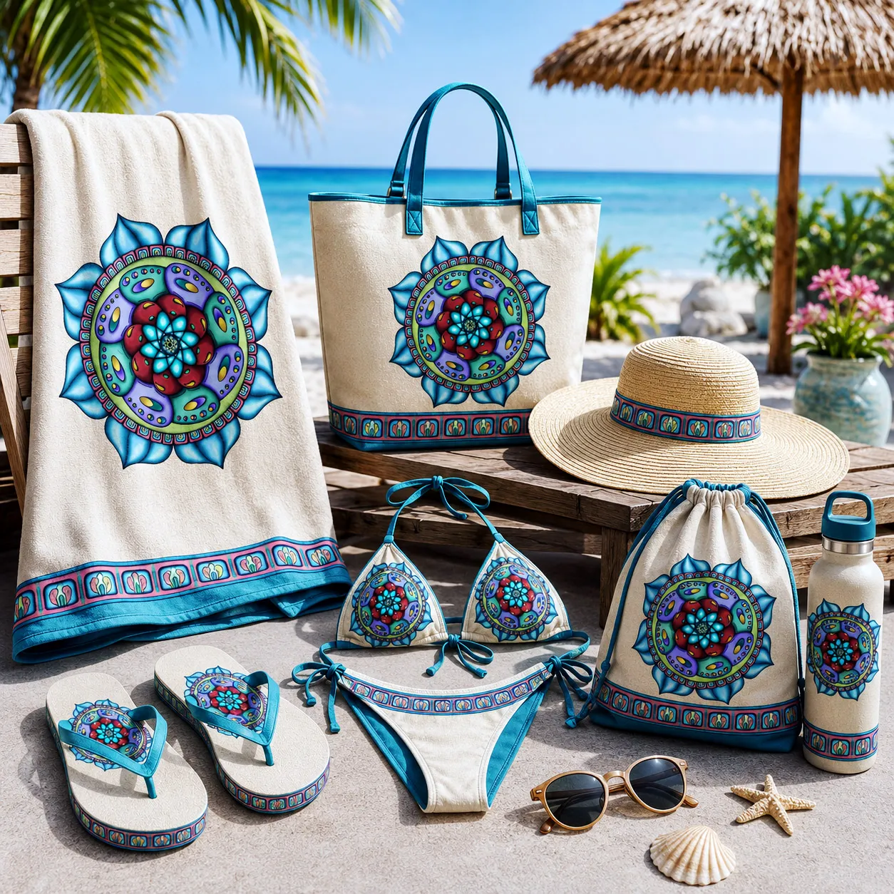 Beach and resort products featuring the Atom Heart Flower design system.
