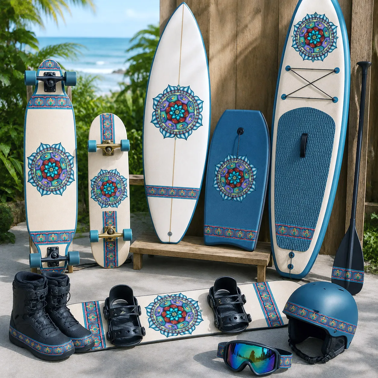 Board sports collection featuring the Atom Heart Flower design system.