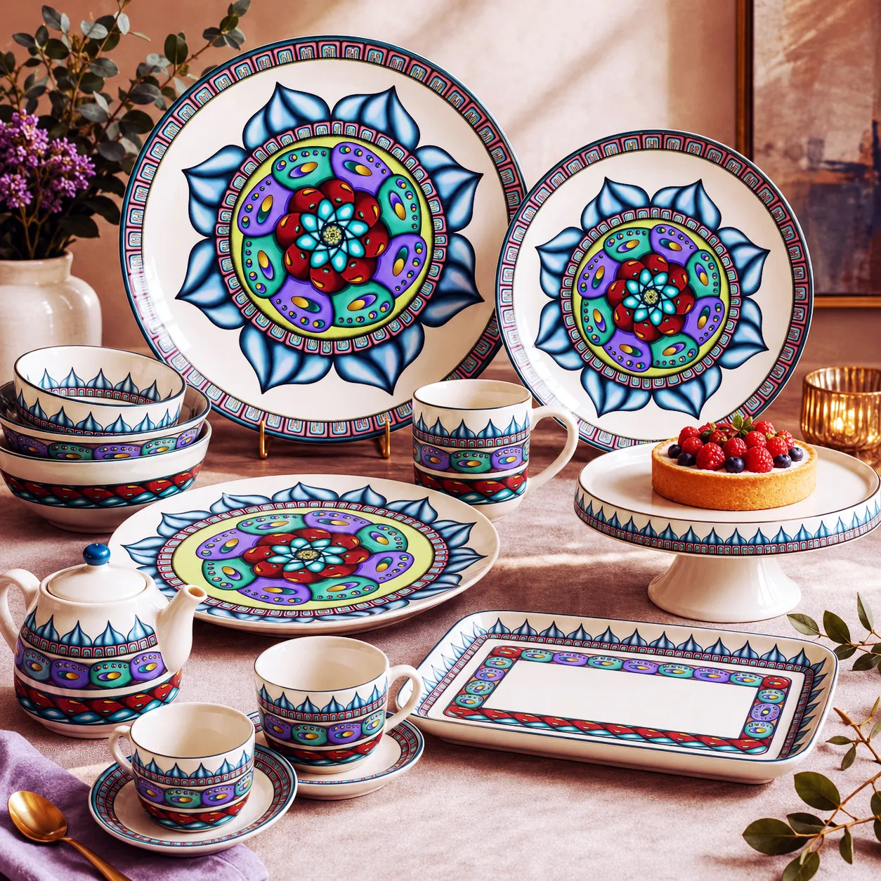 Ceramic tableware featuring the Atom Heart Flower design system.