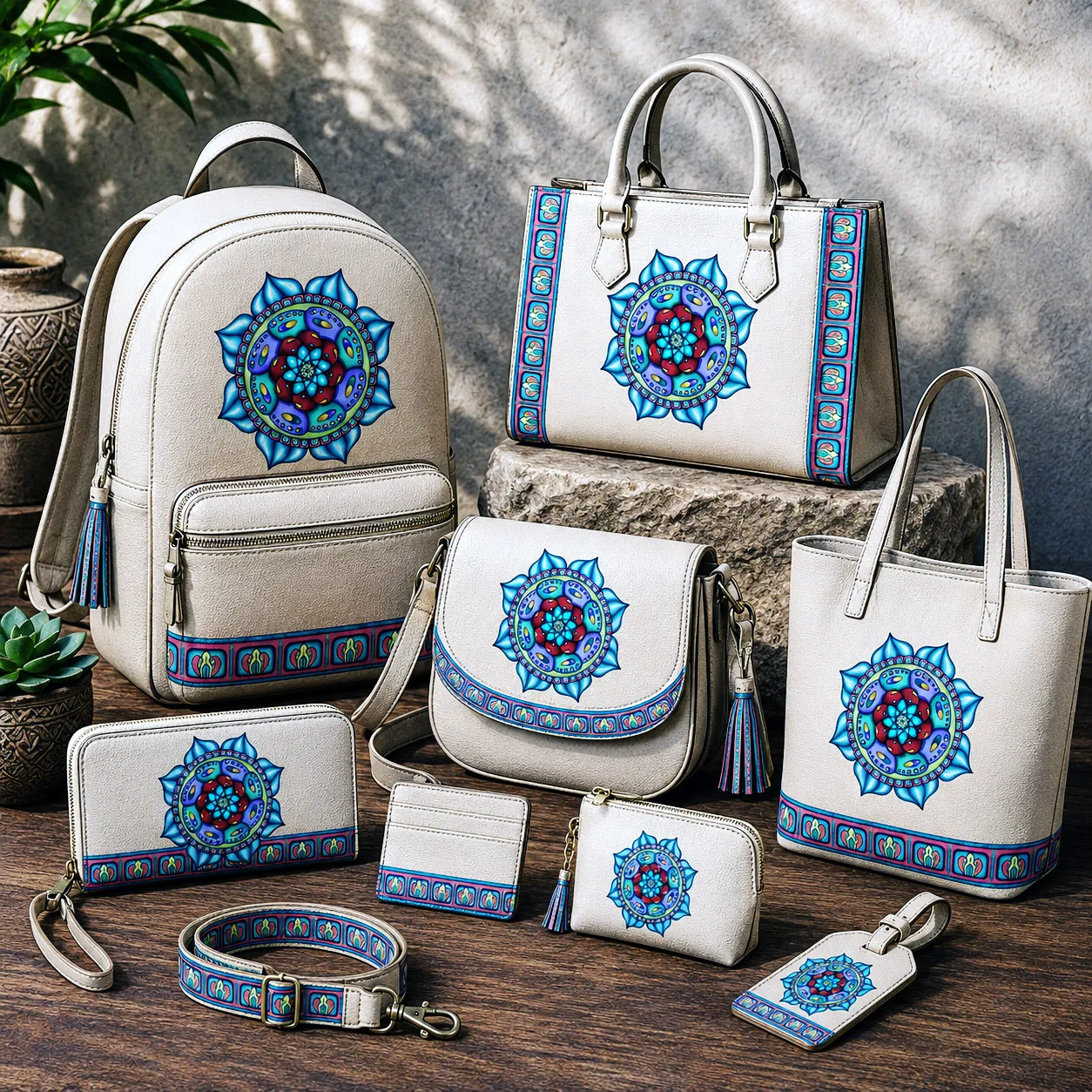 Leather goods and bags featuring the Atom Heart Flower design system.