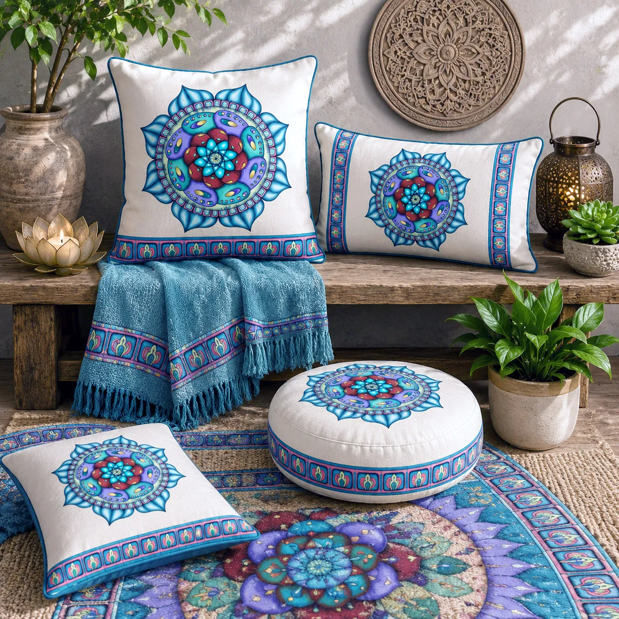 Home decor and textiles featuring the Atom Heart Flower design system.