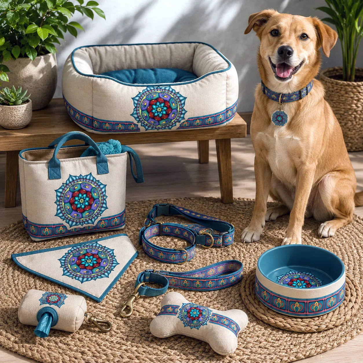 Pet accessories featuring the Atom Heart Flower design system.