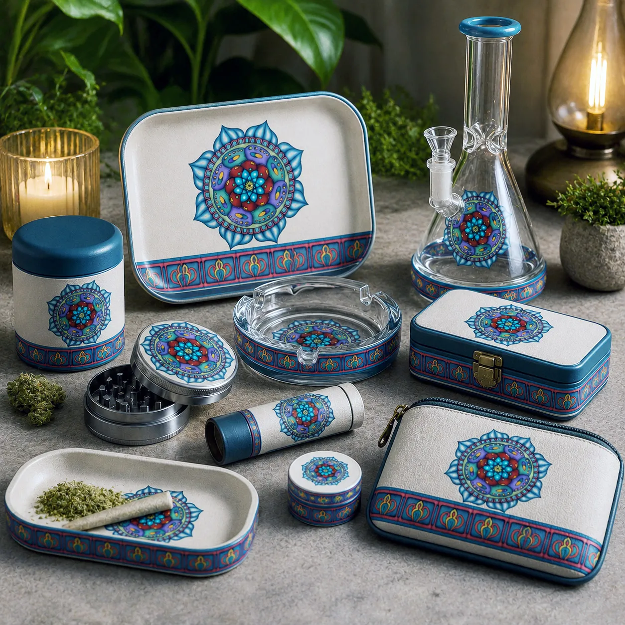 Premium cannabis accessories featuring the Atom Heart Flower design system.