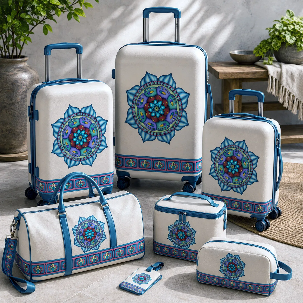 Premium luggage featuring the Atom Heart Flower design system.