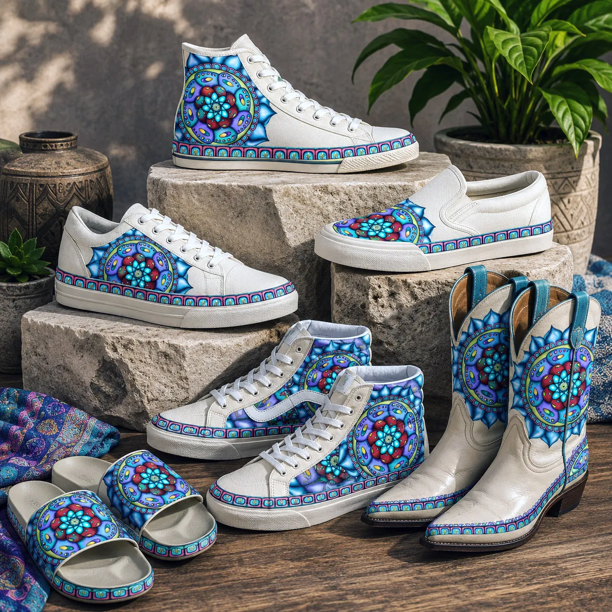 Premium footwear featuring the Atom Heart Flower design system.