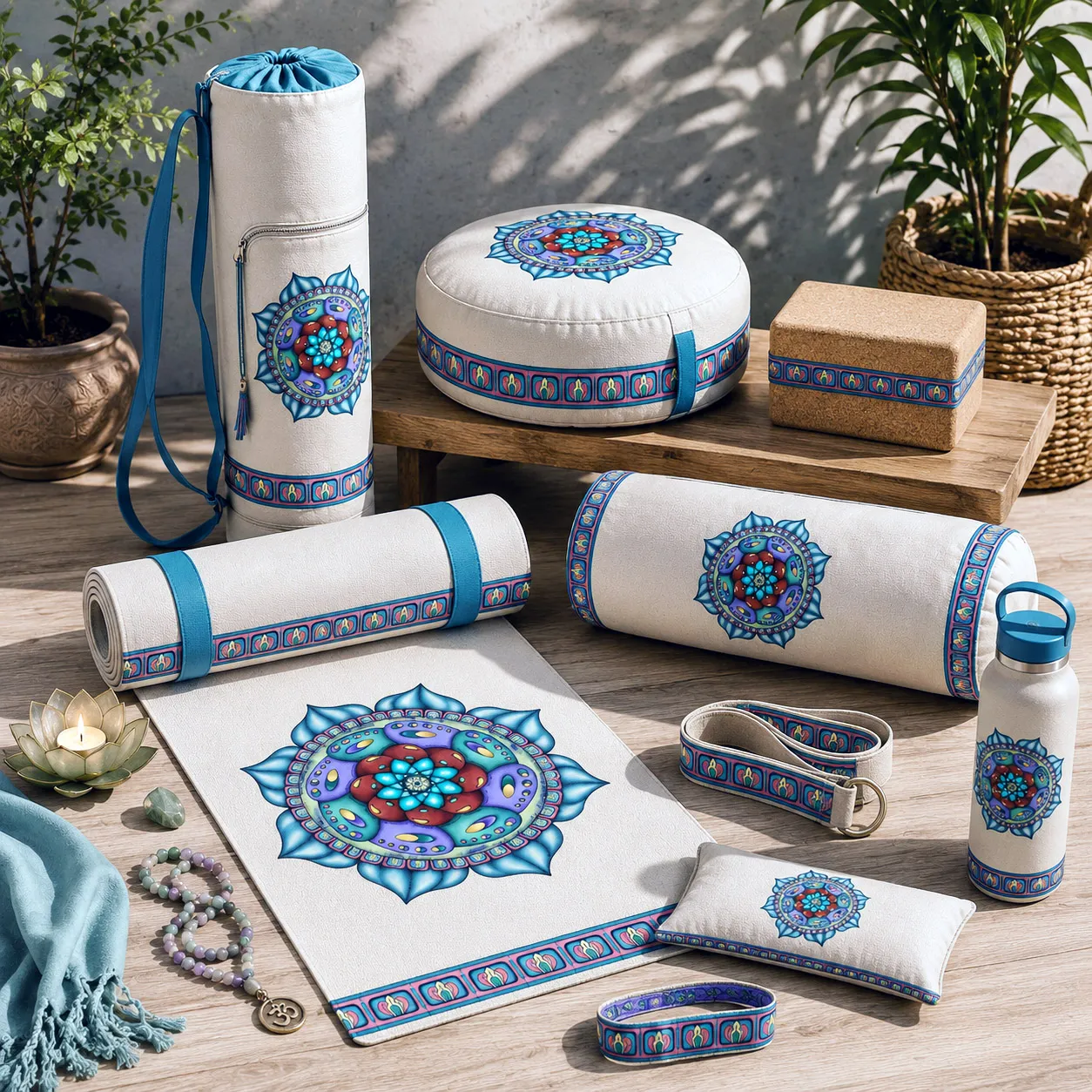 Yoga, meditation, and wellness products featuring the Atom Heart Flower design system.