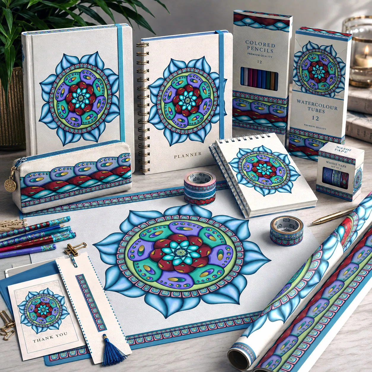 Stationery and creative tools featuring the Atom Heart Flower design system.