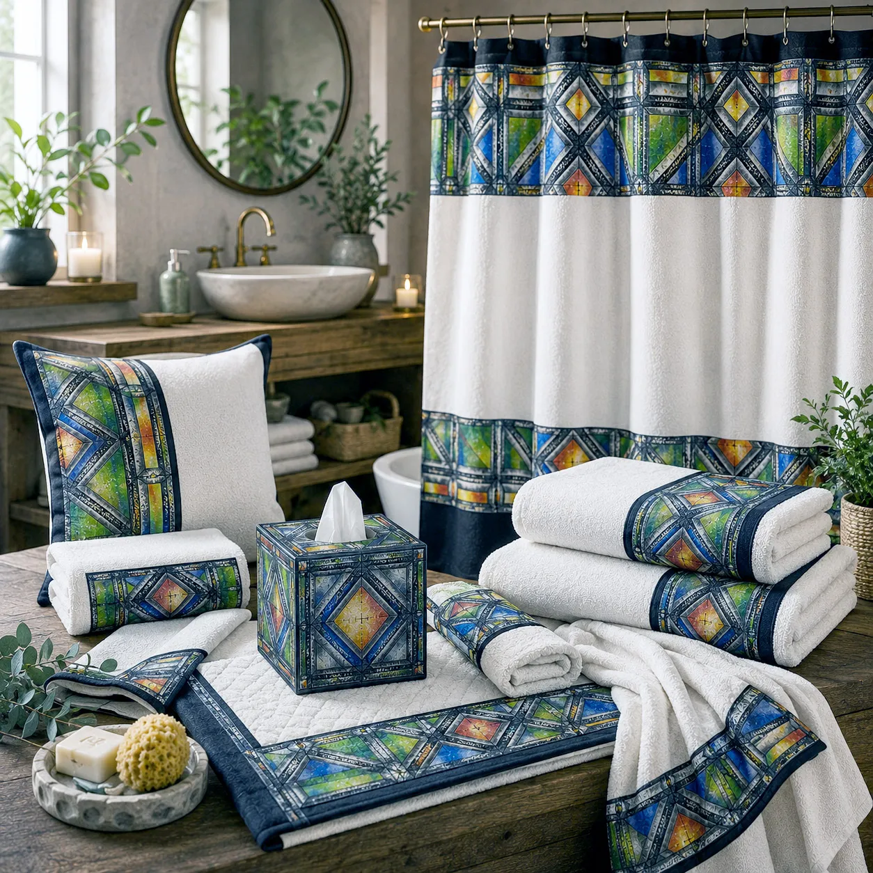 Bed and bath products featuring the Stained Glass design system.