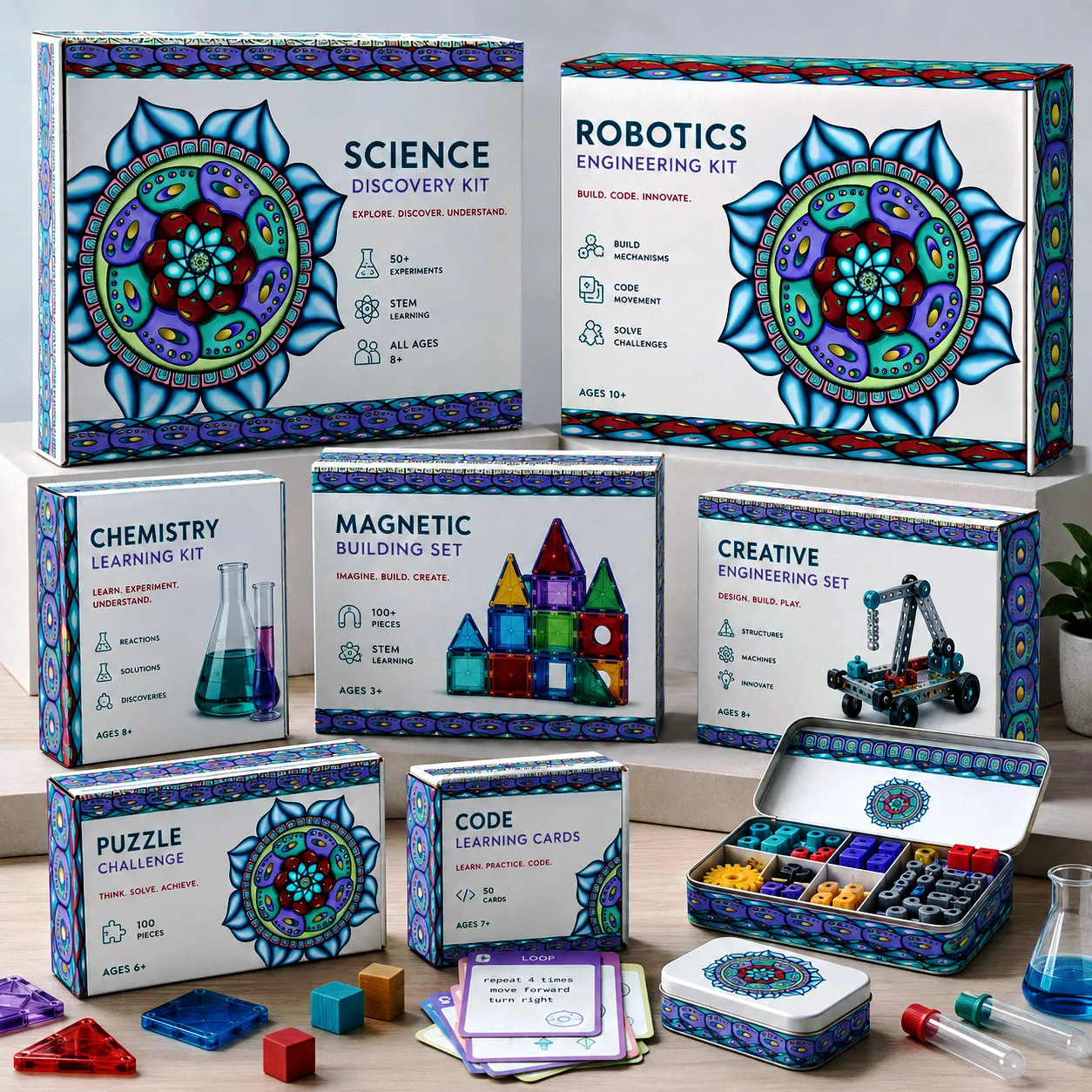 STEM and construction toy packaging featuring the Atom Heart Flower design system.