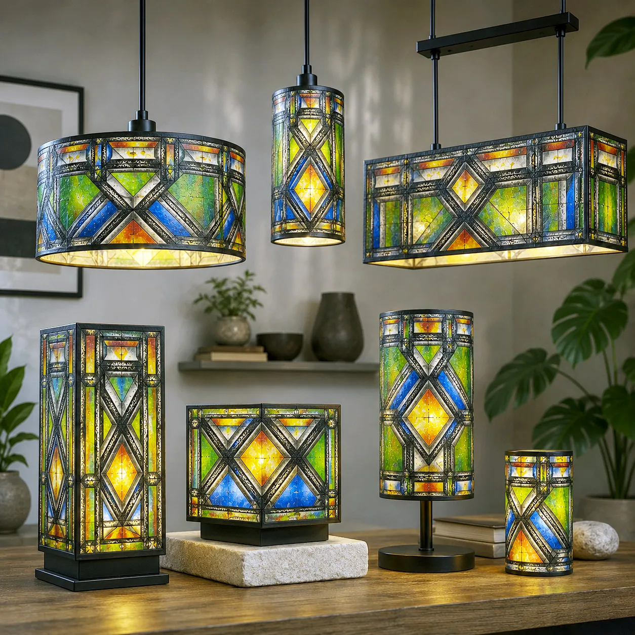 Contemporary lighting featuring the Stained Glass design system.