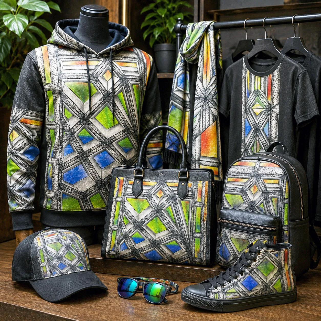 Apparel and accessories featuring the Stained Glass design system.
