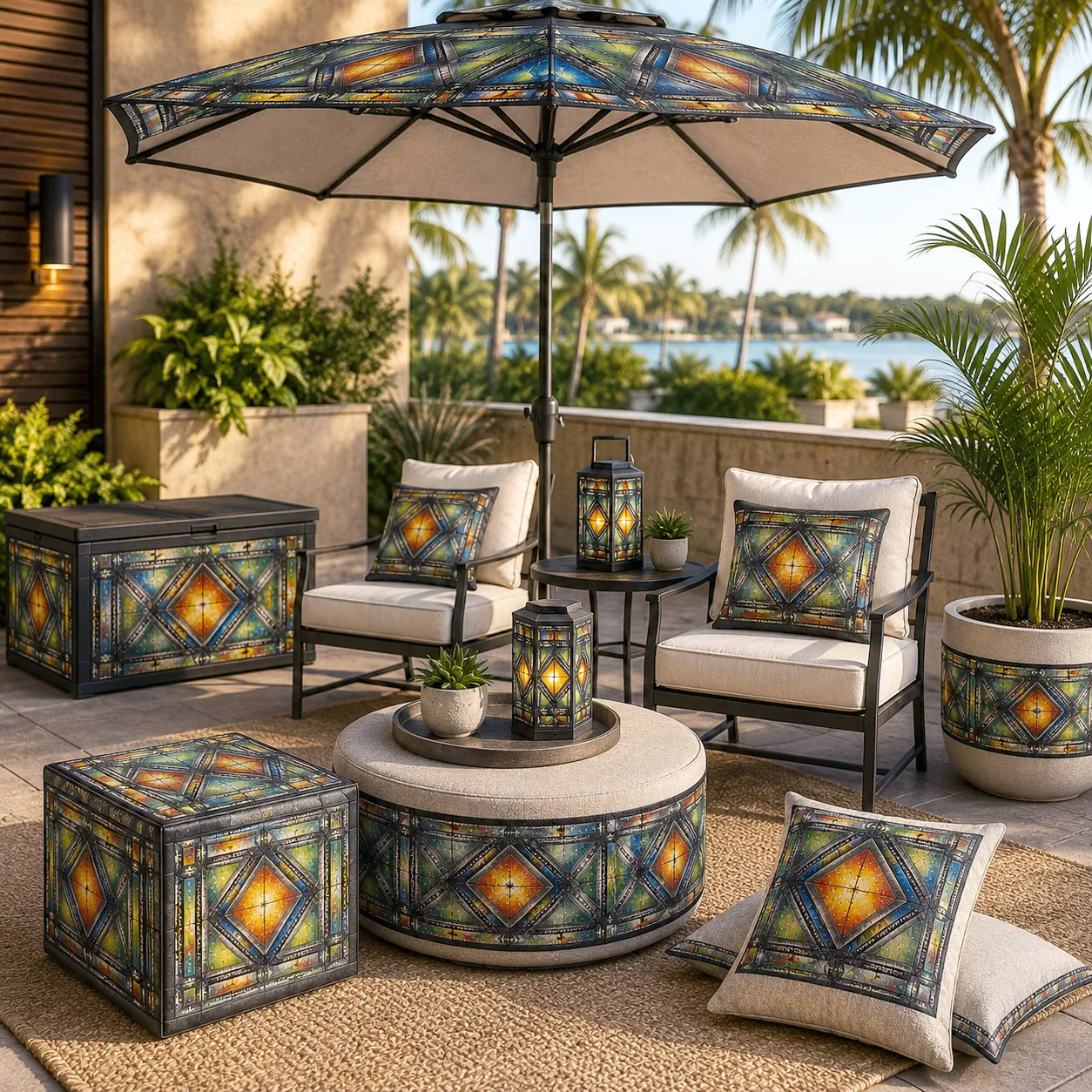Outdoor living products featuring the Stained Glass design system.