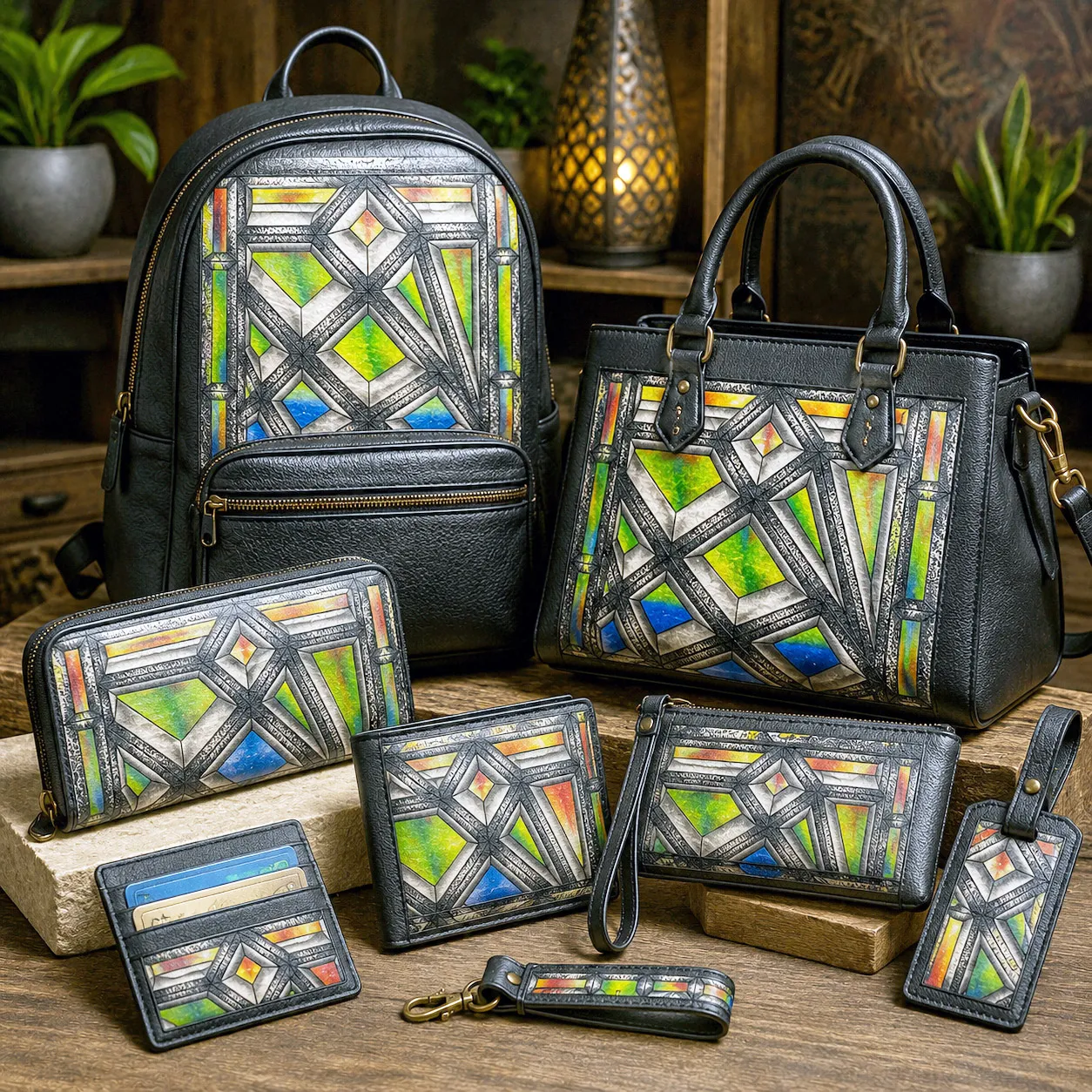 Leather goods and bags featuring the Stained Glass design system.