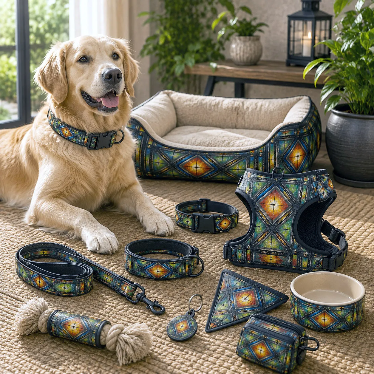 Pet accessories featuring the Stained Glass design system.