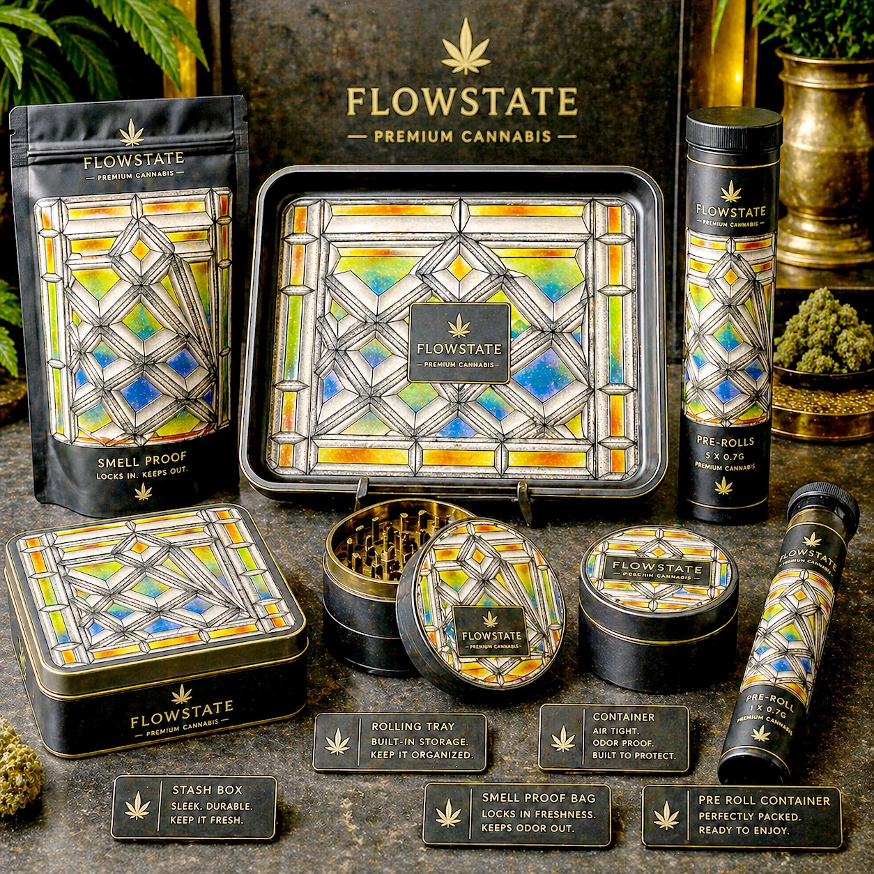 Premium cannabis products featuring the Stained Glass design system.