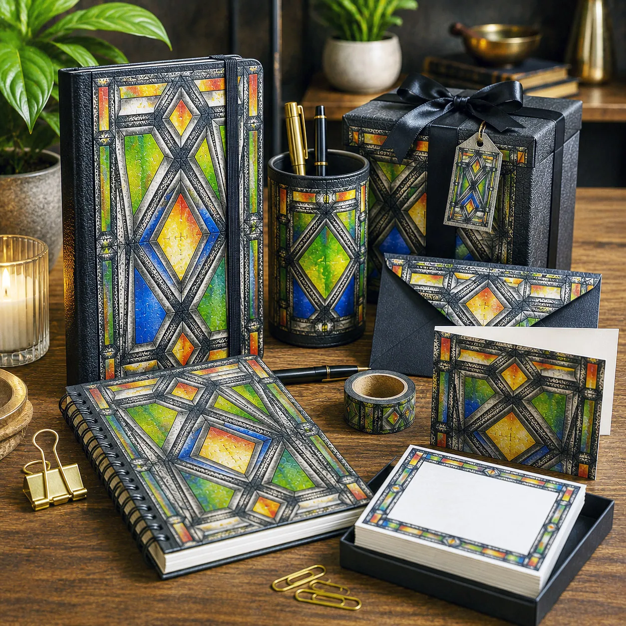 Stationery, journals, and gift packaging featuring the Stained Glass design system.